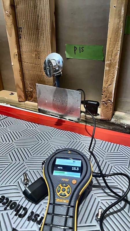 A moisture meter reads 15.3 percent at a wall test point on a 4D Restoration drying job.