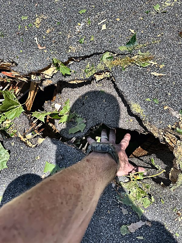 A hand checks a broken section of shingled roof documented on a 4D Restoration storm call.