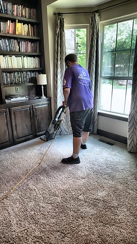 A 4D Restoration crew member in the company purple shirt runs an extractor across carpet.